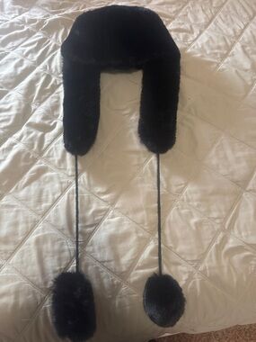 Black Faux Fur Earflap Hat with Pom-Pom Ties